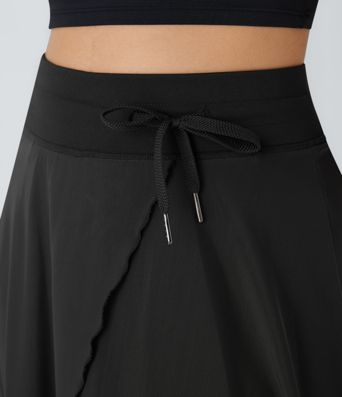 High Waisted Drawstring Contrast Mesh 2-in-1 Pocket Flowy Midi Flare Casual Skirt