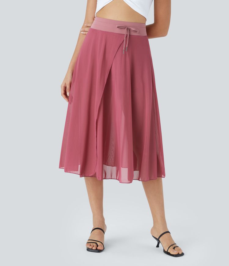 High Waisted Drawstring Contrast Mesh 2-in-1 Side Pocket Flowy Midi Flare Casual Skirt