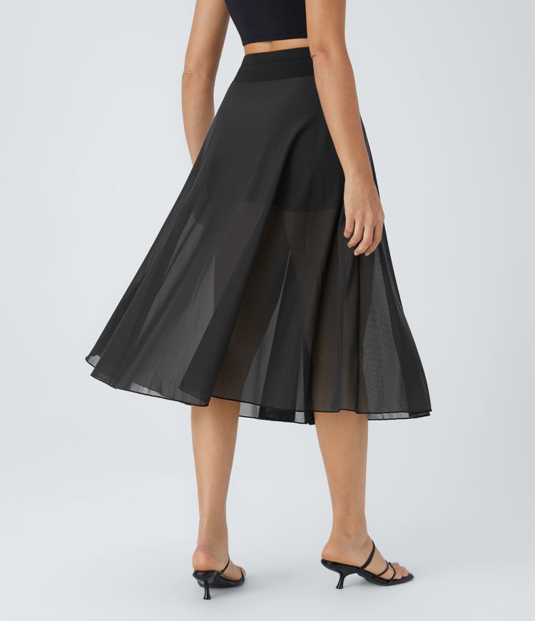 High Waisted Drawstring Contrast Mesh 2-in-1 Pocket Flowy Midi Flare Casual Skirt