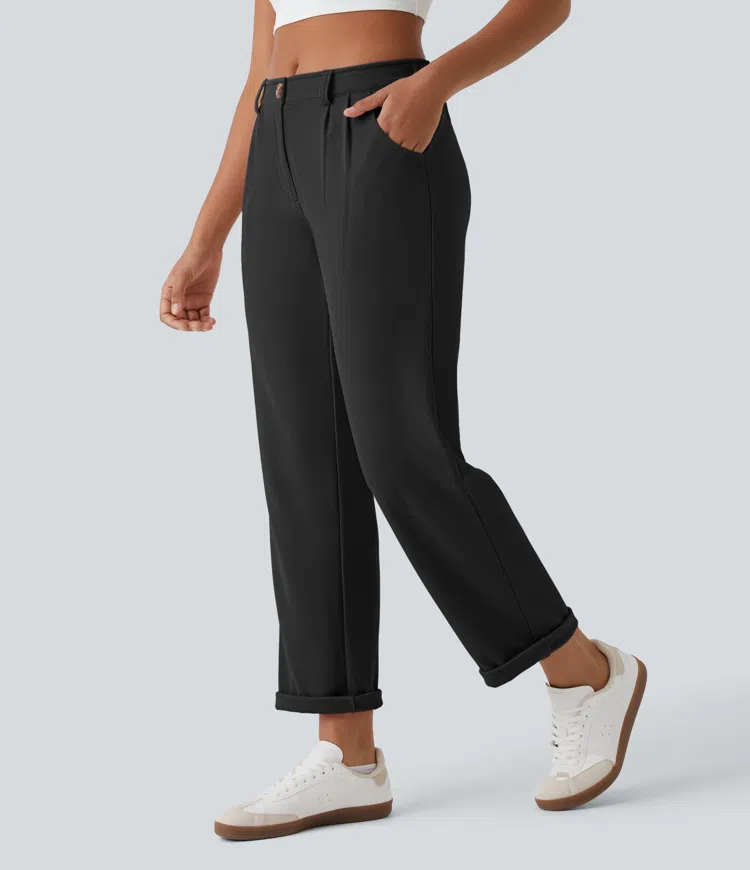 Pantalones gofre bolsillo lateral cremallera botón tiro medio
