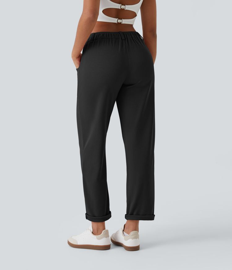 Mid Rise Button Zipper Side Pocket Waffle Casual Pants