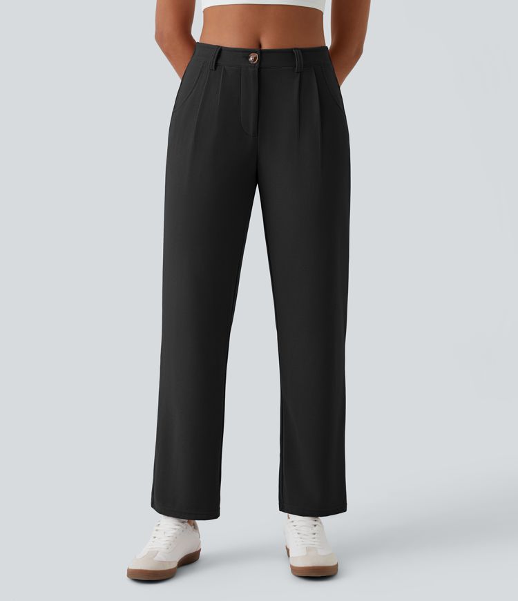 Mid Rise Button Zipper Side Pocket Waffle Casual Pants