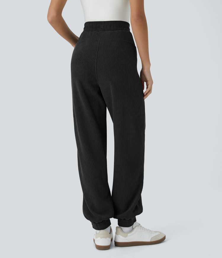 High Waisted Side Pocket Corduroy Casual Joggers