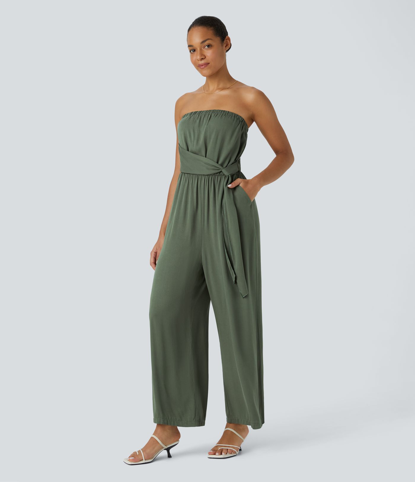 Tube Backless Wrinkle Belt Side Pocket Wide Vacation Look Jumpsuit