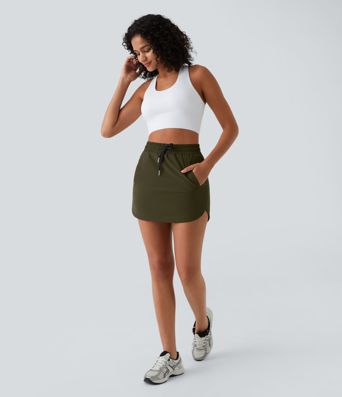 High Waisted Drawstring Pocket 2-in-1 Curved Hem Mini Golf Skirt