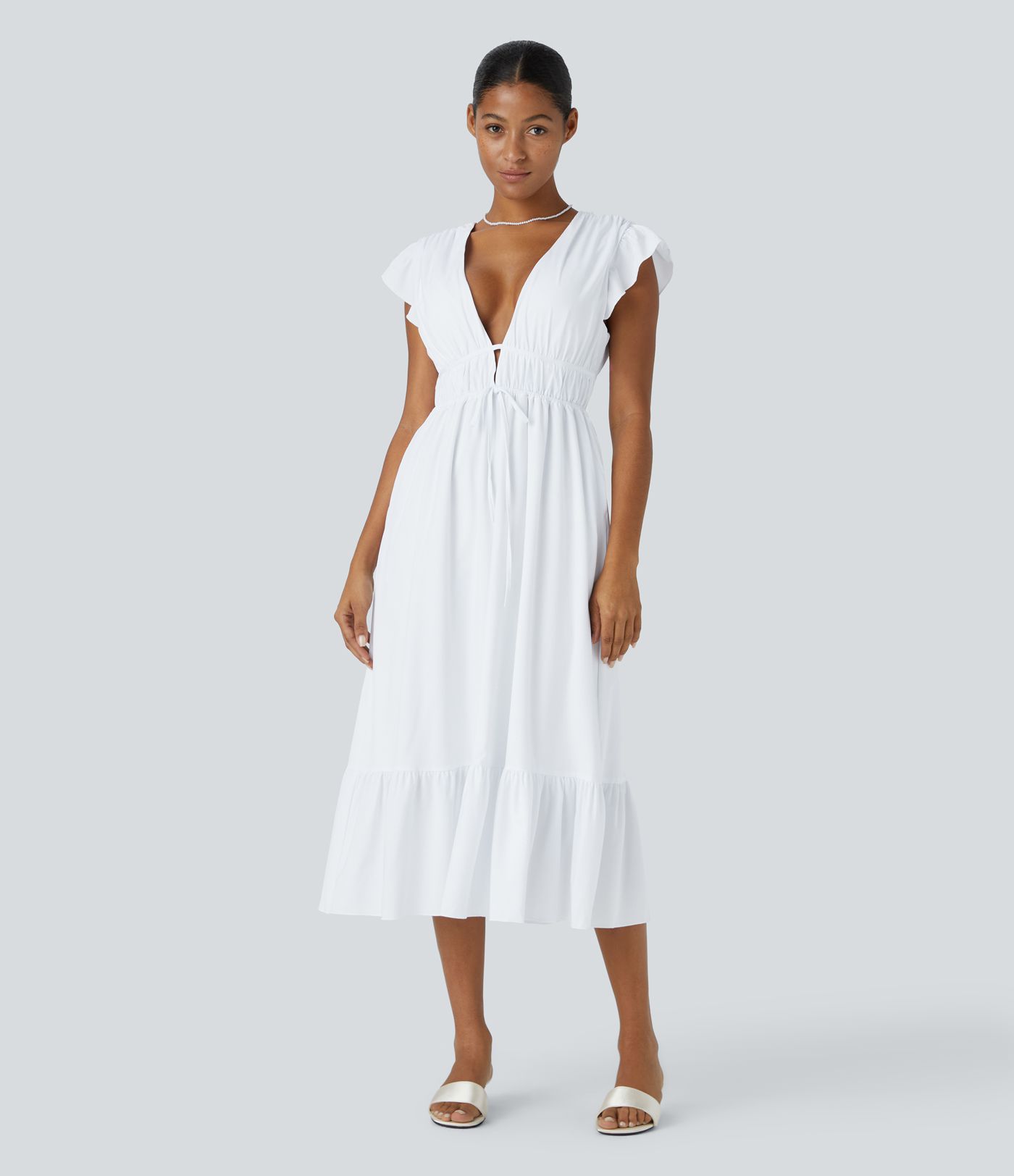 Breezeful™ Fine V-Neck Butterfly Sleeve Backless Knot Side Pocket Frill Hem Midi Quick Dry Bride Dolely and Wedding Guest Dress