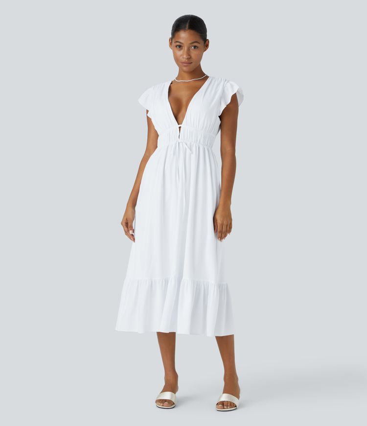 Breezeful™ Rückenfreies Midikleid mit tiefem V-Ausschnitt, Schmetterlingsärmeln, Knoten, Seitentaschen und Rüschensaum für Brautjungfern und Hochzeitsgäste - schnelltrocknend
