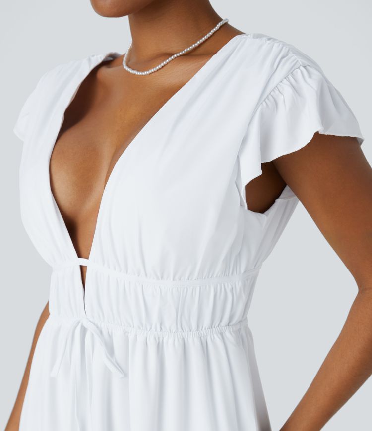 Breezeful™ Deep V Neck Butterfly Sleeve Knot Pocket Ruffle Hem Midi Quick Dry Dress