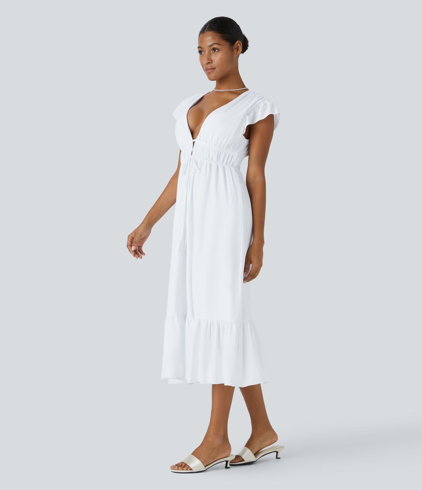 Breezeful™ Fine V-Neck Butterfly Sleeve Backless Knot Side Pocket Frill Hem Midi Quick Dry Bride Dolely and Wedding Guest Dress