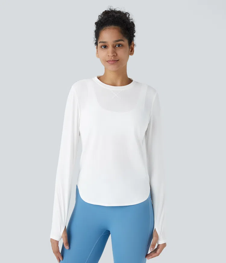 Round neck thumb hole curved hem outdoor sports top