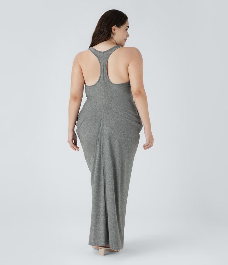 Robe Grande Taille Casual Maxi avec Décolleté Profond en V Dos Nu Dos Nageur et Empilement de Fronces