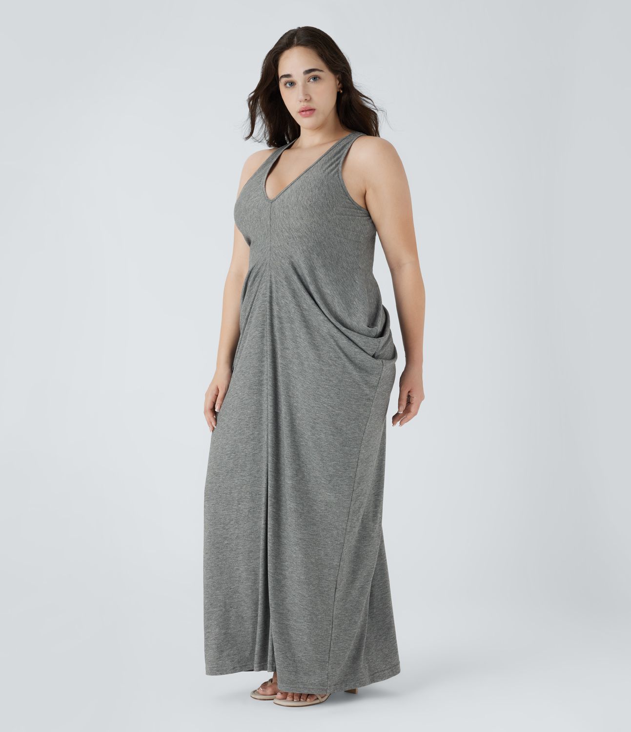 Robe Grande Taille Casual Maxi avec Décolleté Profond en V Dos Nu Dos Nageur et Empilement de Fronces