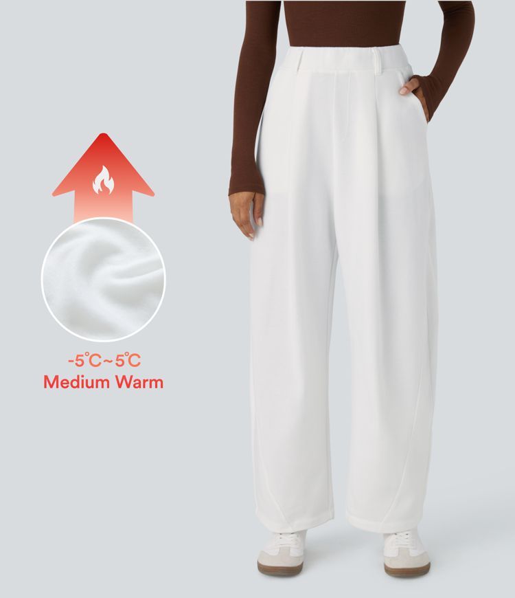 High Waisted Side Pocket Barrel Leg Fleece Casual Trousers