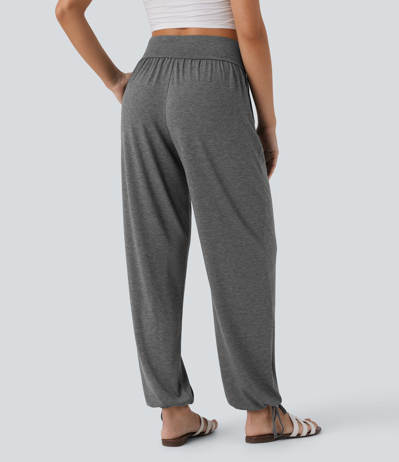 Kryžminės aukšto juosmens kišeninės tamprios laisvalaikio kelnės