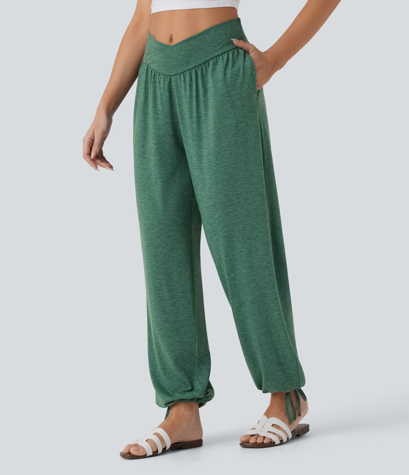 Pantalon de jogging décontracté à taille haute croisée avec poches latérales et cordon de serrage