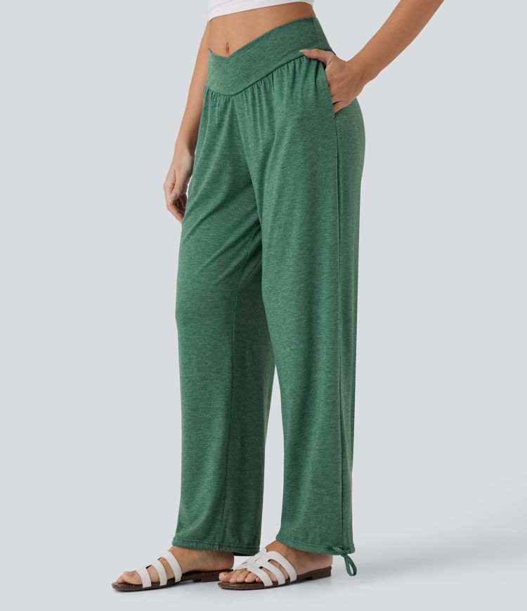 Pantalon de jogging décontracté à taille haute croisée avec poches latérales et cordon de serrage