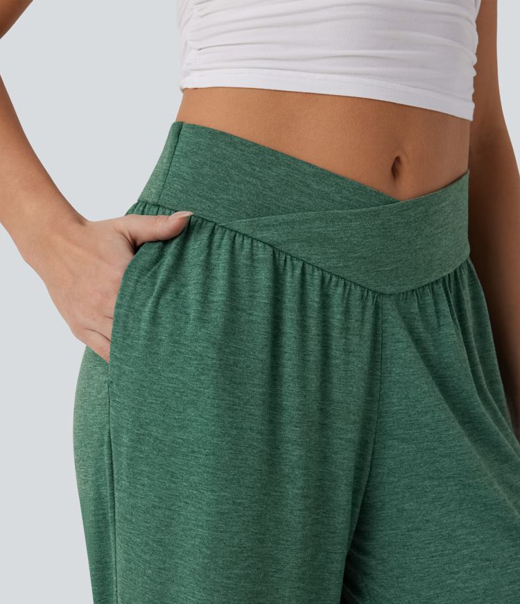 Crossover High Waisted Side Pocket Drawstring Casual Joggers