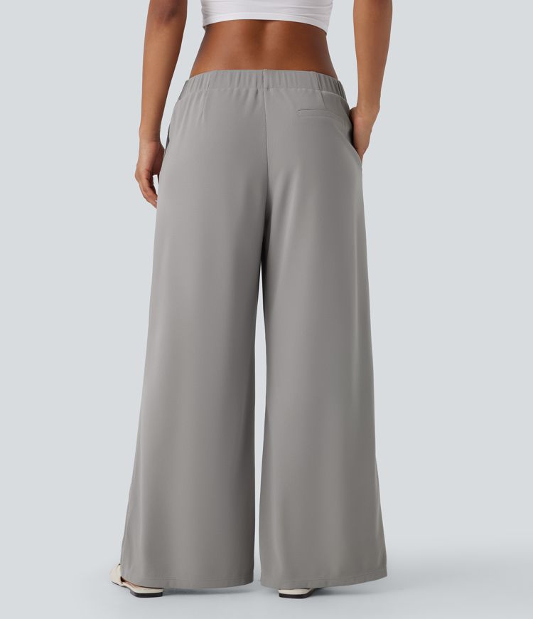 Low Rise Pocket Wide Leg Waffle Casual Pants