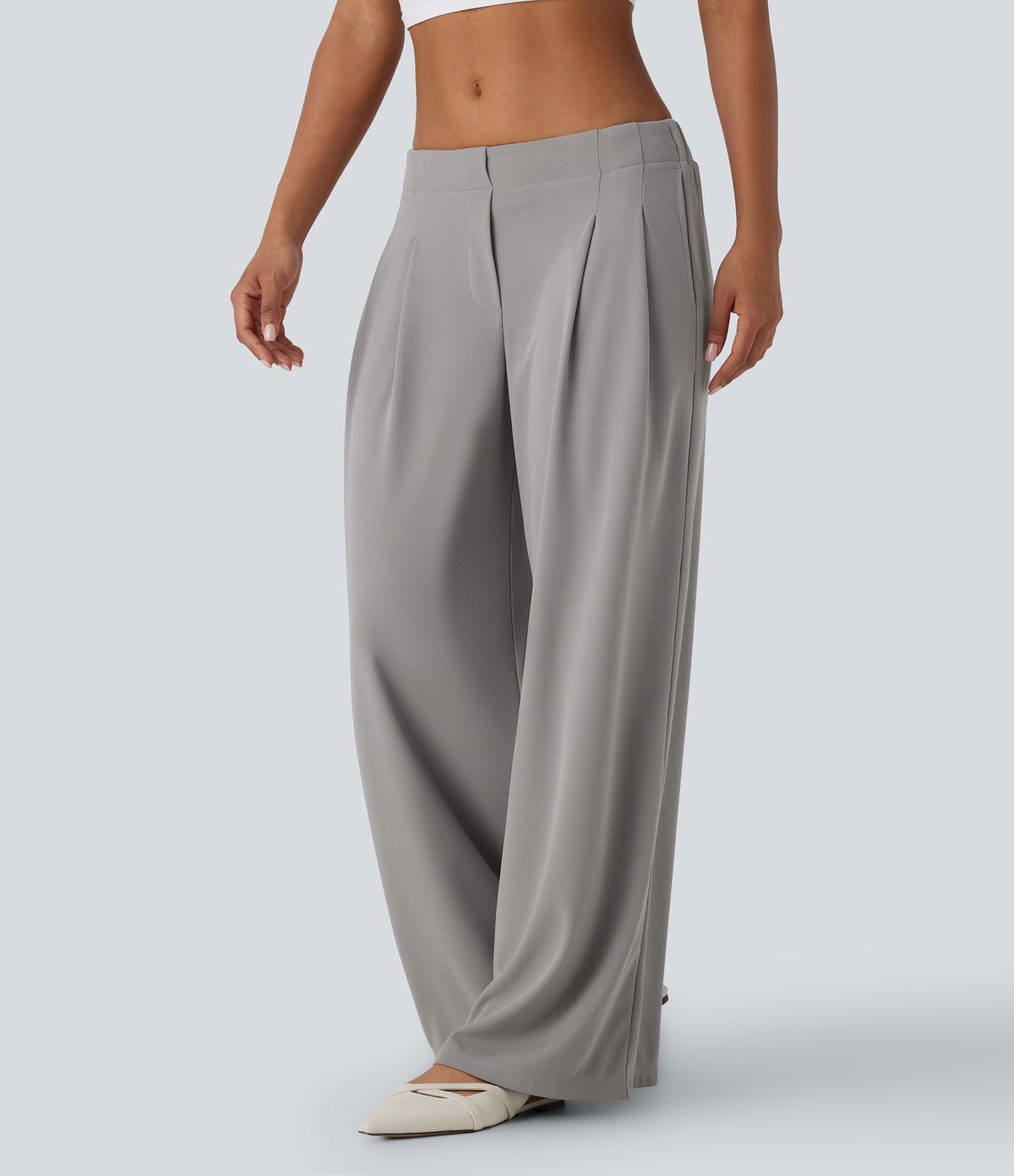 Low Rise Pocket Wide Leg Waffle Casual Pants