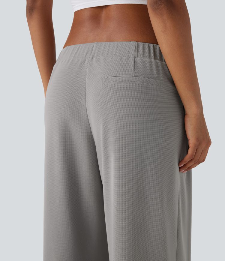 Low Rise Pocket Wide Leg Waffle Casual Pants