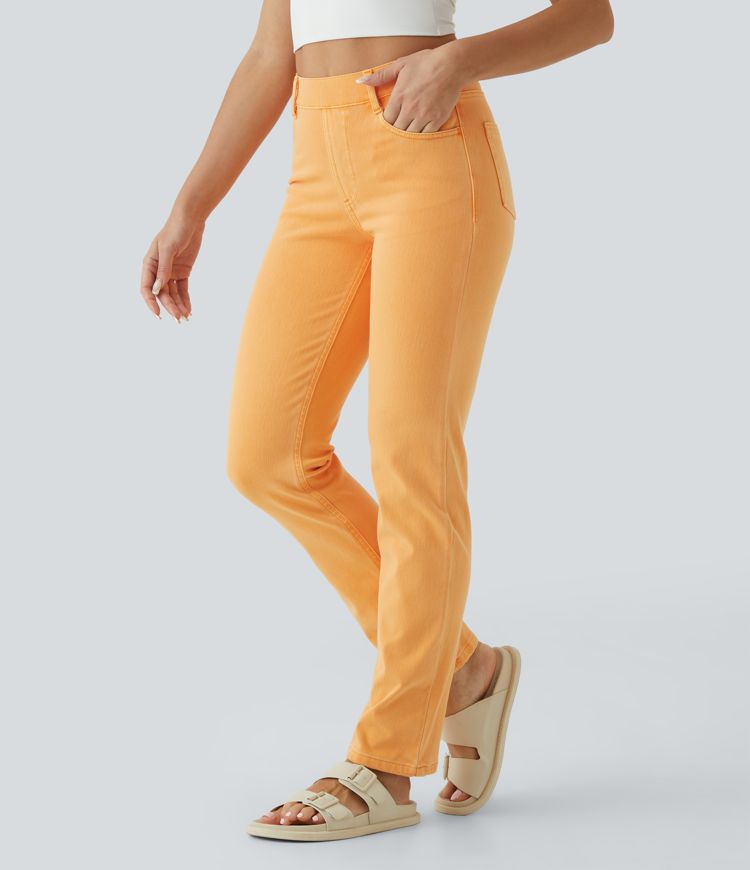 HalaraMagic™ High Waisted Multiple Pockets Straight Leg Stretchy Knit Casual Jeans