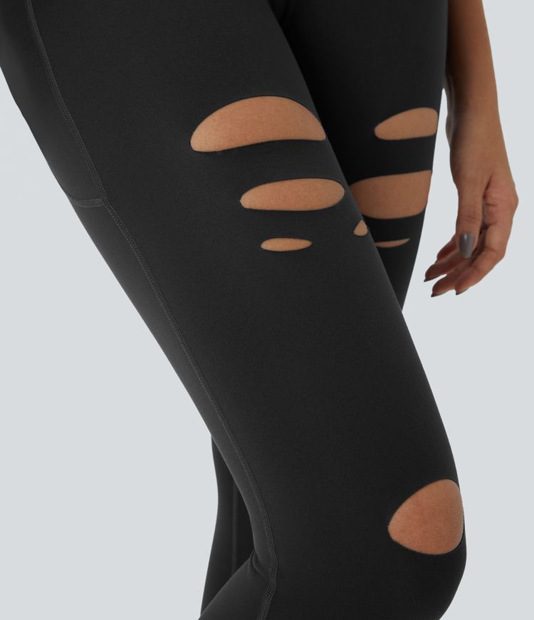 High-waist crossover side pocket ripped design cutout casual 7/8 leggings