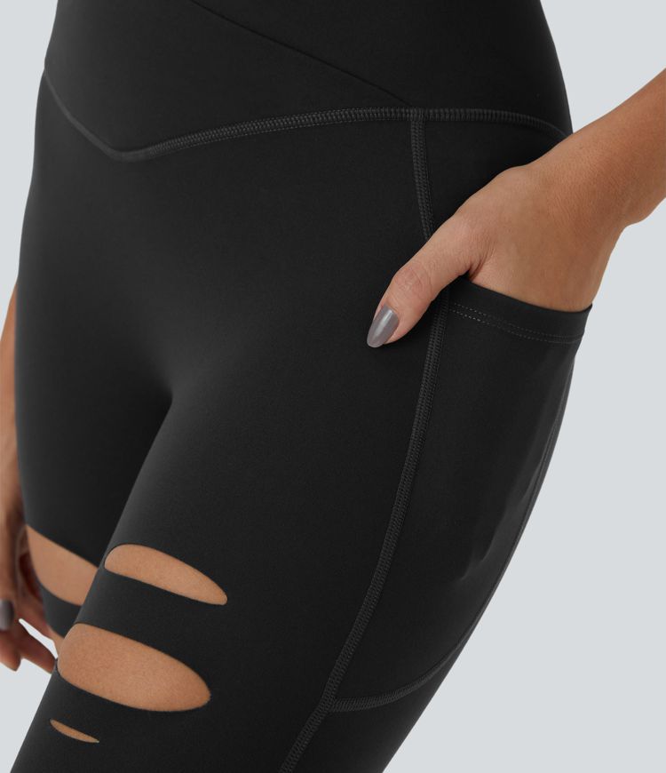 High-waist crossover side pocket ripped design cutout casual 7/8 leggings