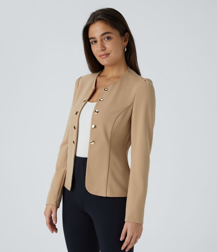 Round Neck Long Sleeve Decorative Buttons Slim Work Jacket