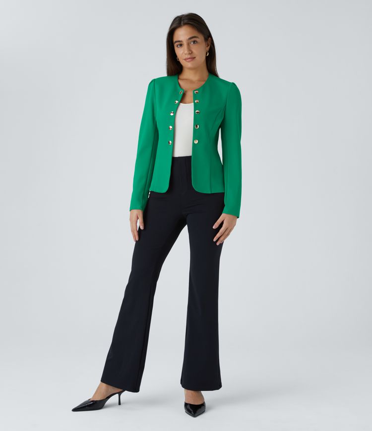 SculptKnit Round Neck Long Sleeve Decorative Button Slim Work Blazer