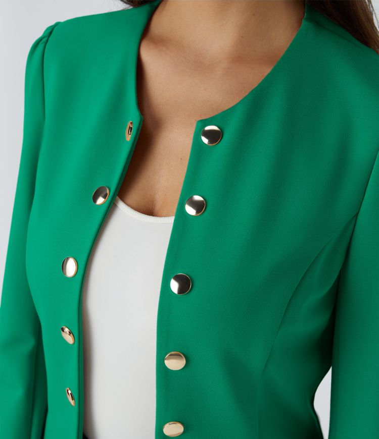 SculptKnit Round Neck Long Sleeve Decorative Button Slim Work Blazer