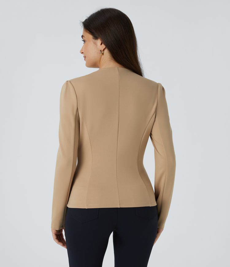 Round Neck Long Sleeve Decorative Buttons Slim Work Jacket