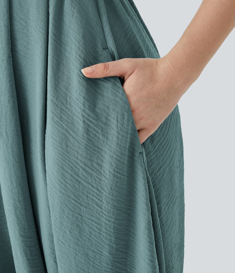 Mono extragrande tacto lino cuello V correa ajustable bolsillo cinturón