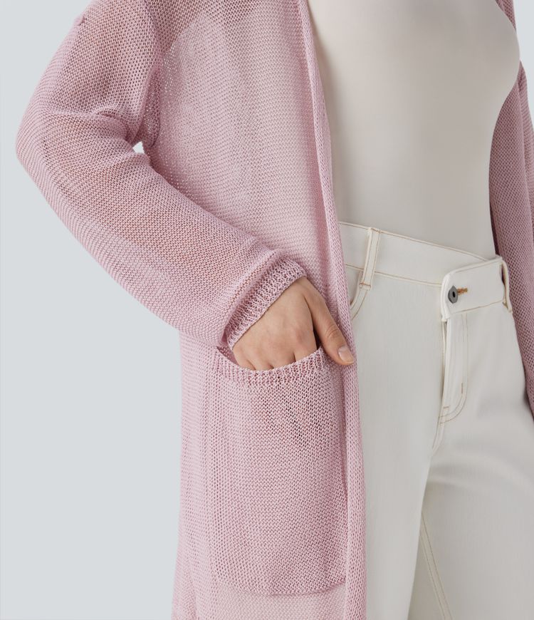 Open Front Long Sleeve Pocket Longline Casual Linen-Feel Cardigan