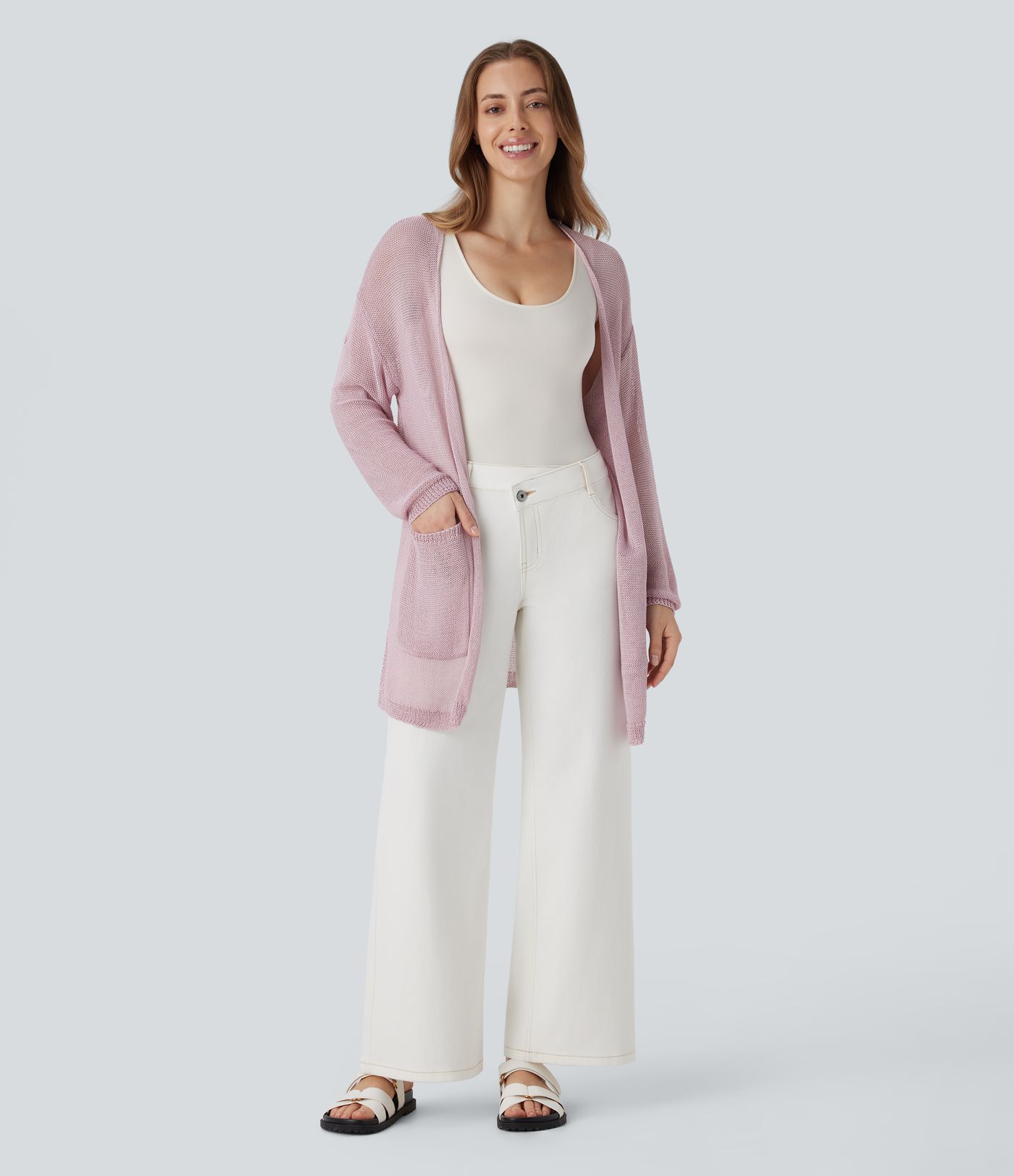 Open Front Long Sleeve Pocket Longline Casual Linen-Feel Cardigan