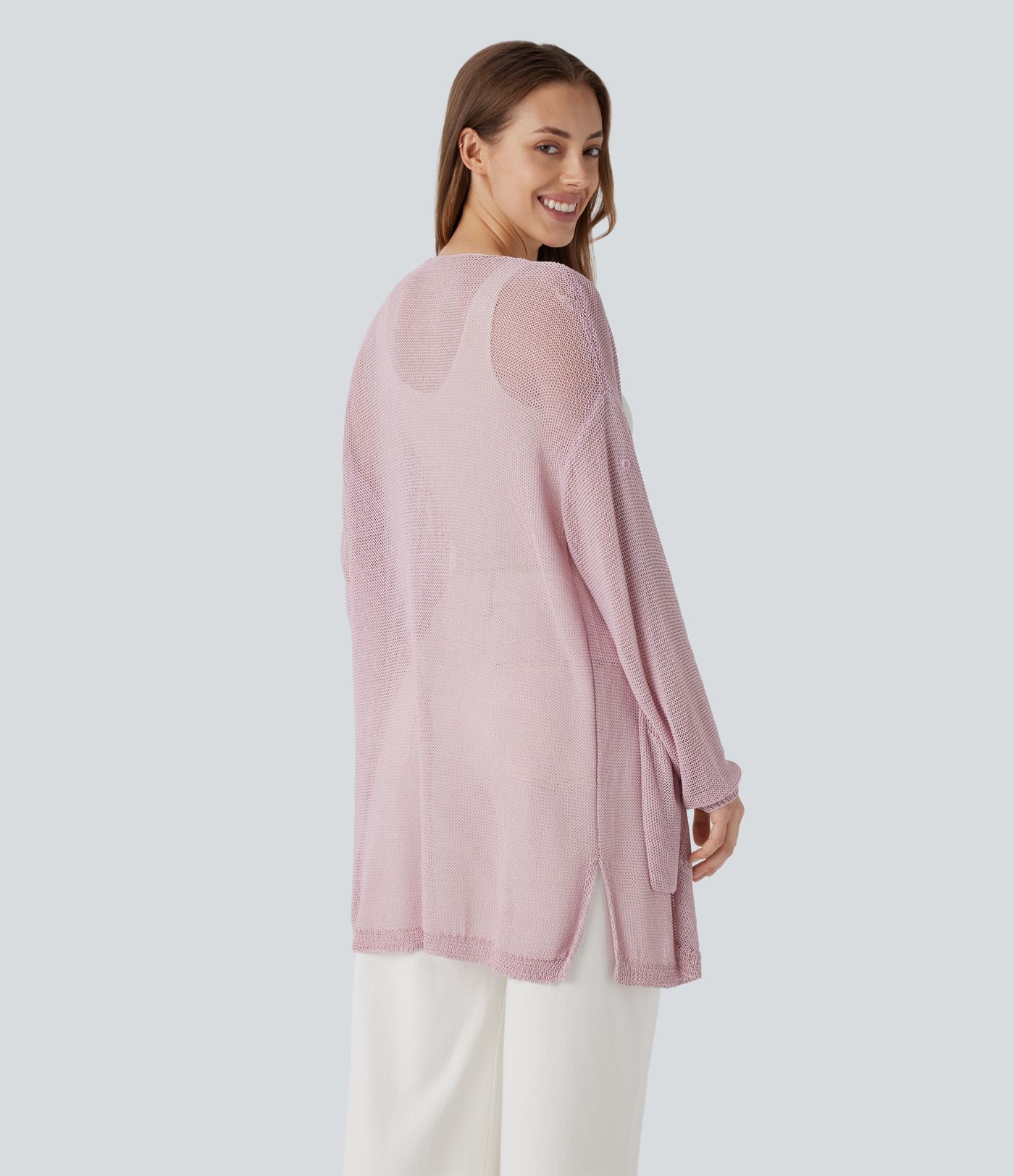 Open Front Long Sleeve Pocket Longline Casual Linen-Feel Cardigan