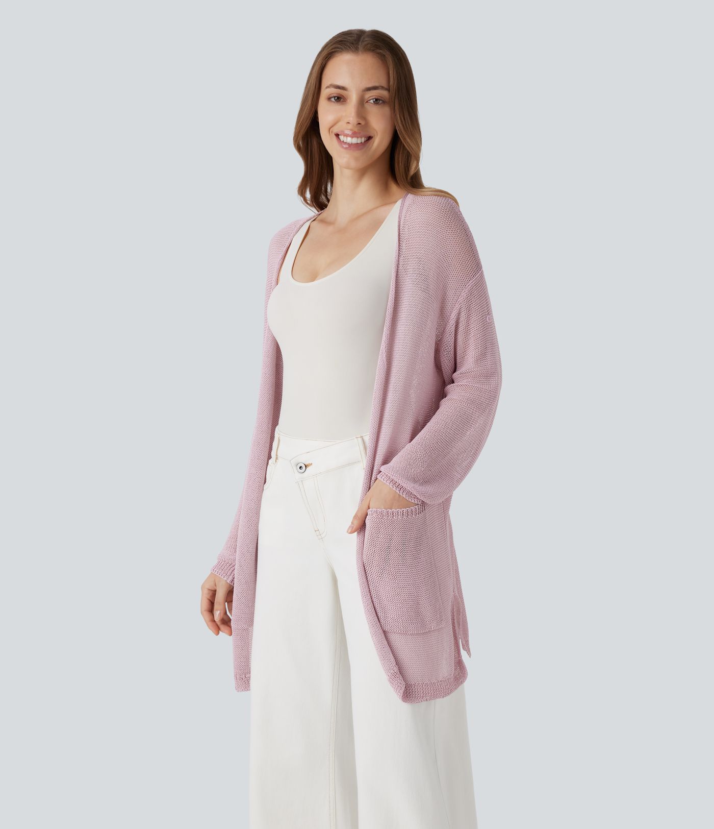 Open Front Long Sleeve Pocket Longline Casual Linen-Feel Cardigan