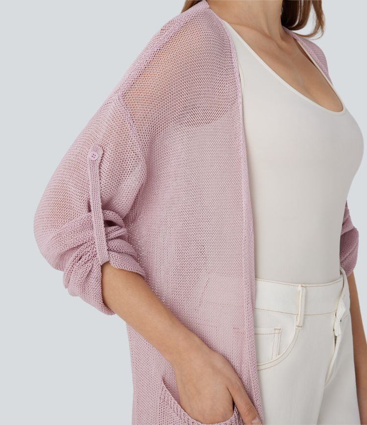 Open Front Long Sleeve Pocket Longline Casual Linen-Feel Cardigan