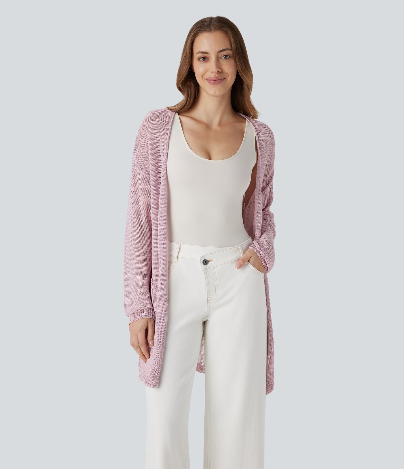 Open Front Long Sleeve Pocket Longline Casual Linen-Feel Cardigan