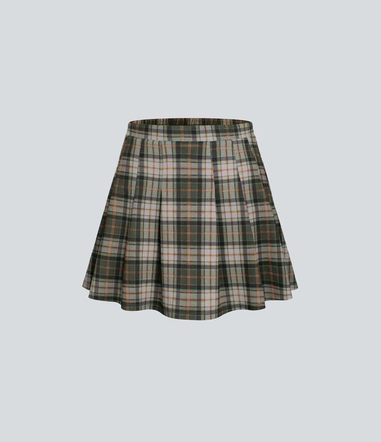 High Waisted 2-in-1 Pocket Plaid Pleated Mini Casual Skirt