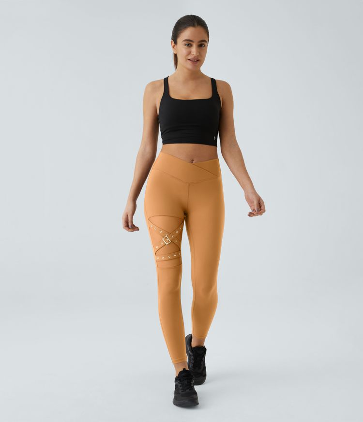 DayStretch High Waisted Crossover Contrast Mesh Decorative Buckle Yoga Leggings
