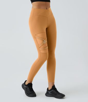 DayStretch High Waisted Crossover Contrast Mesh Decorative Buckle Yoga Leggings