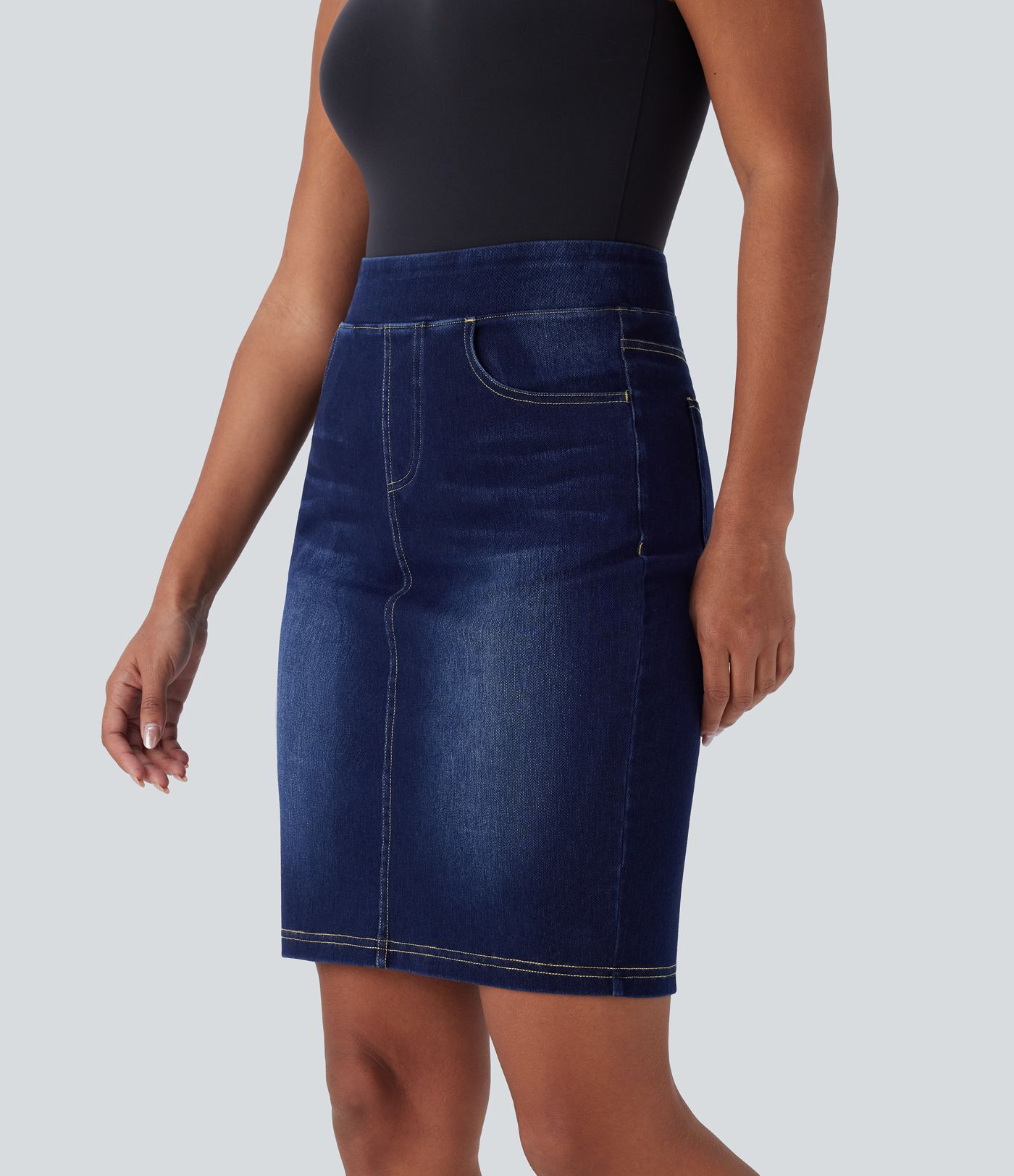 Halara Flex™ Jupe en Jean décontractée stretch délavé à taille haute, multiples poches et fente latérale