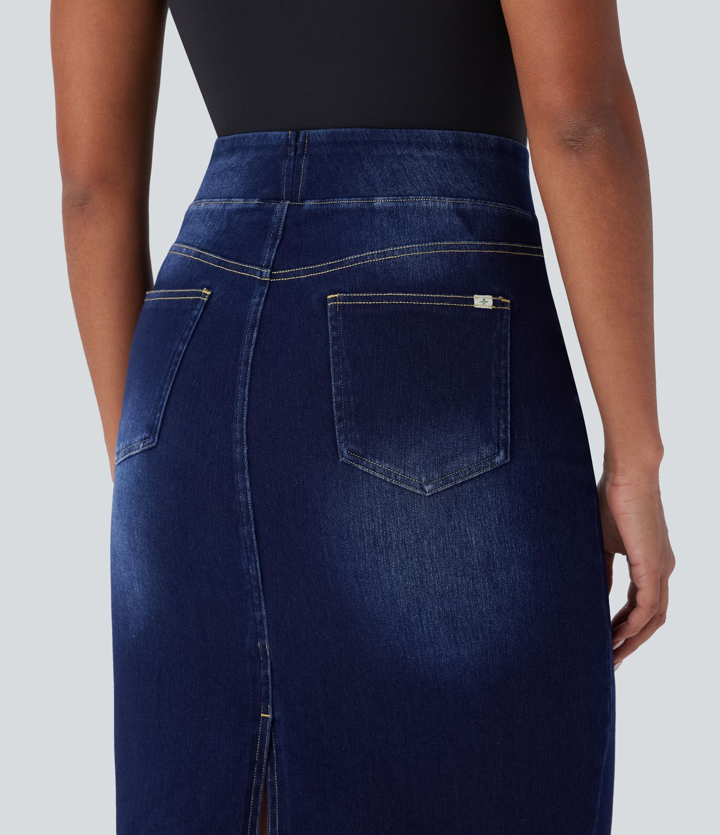 Halara Flex™ Jupe en Jean décontractée stretch délavé à taille haute, multiples poches et fente latérale