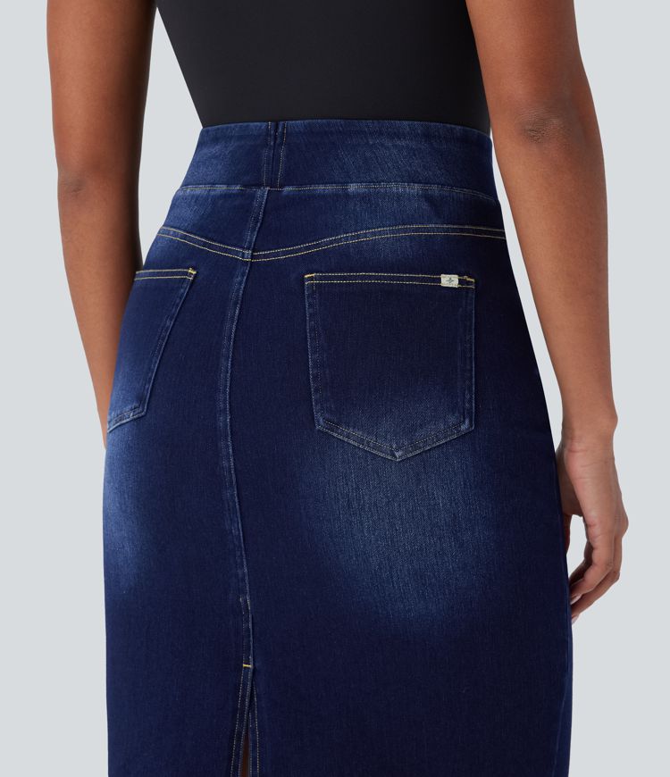 Halara Flex™ Jupe en Jean décontractée stretch délavé à taille haute, multiples poches et fente latérale