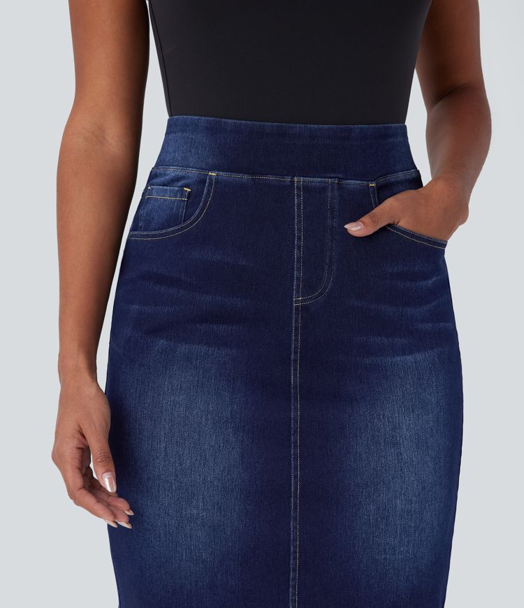 Halara Flex™ Jupe en Jean décontractée stretch délavé à taille haute, multiples poches et fente latérale