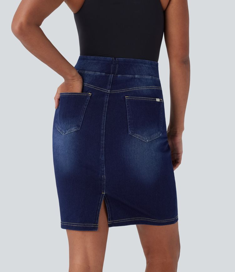 Halara Flex™ Jupe en Jean décontractée stretch délavé à taille haute, multiples poches et fente latérale