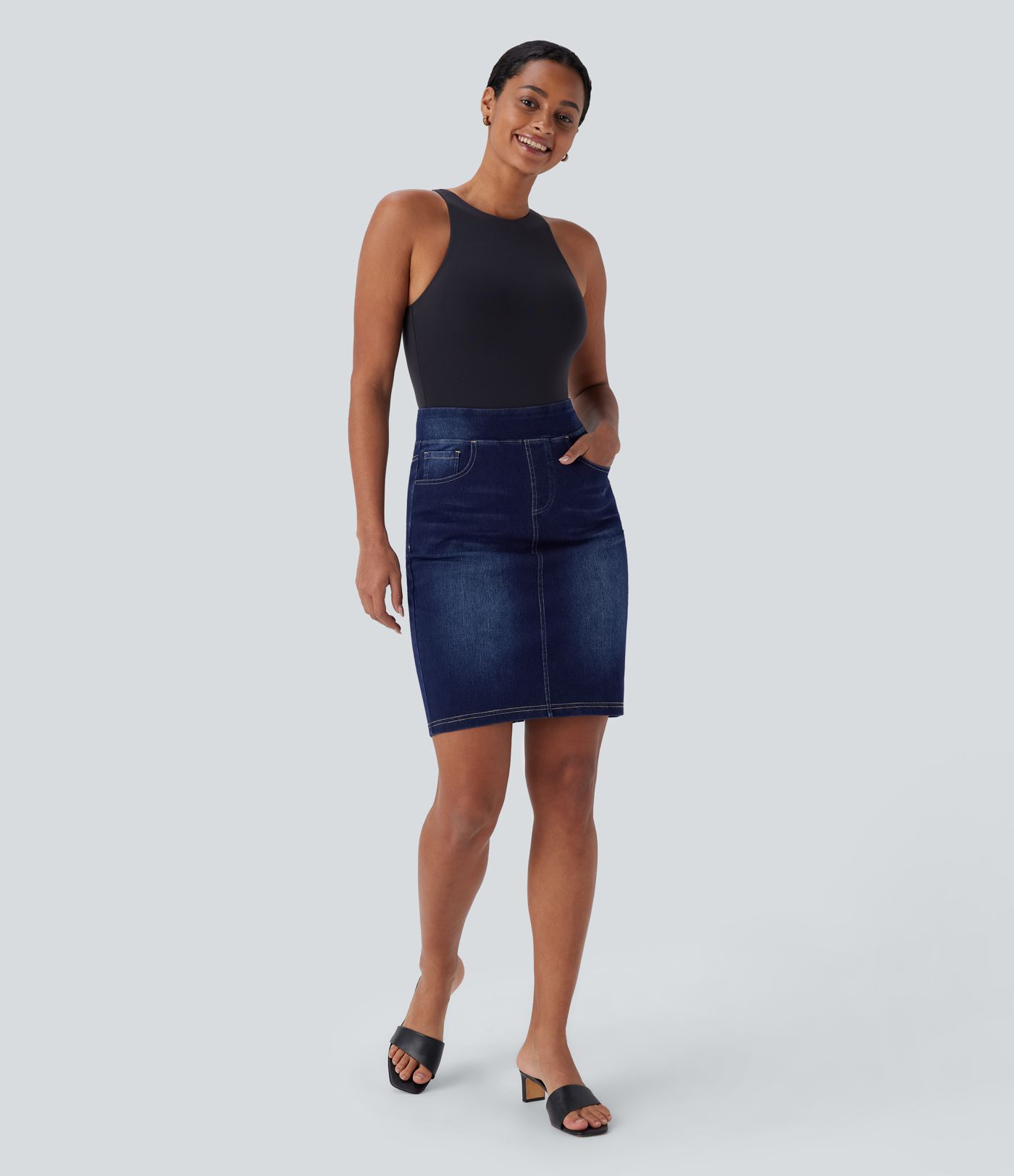 Halara Flex™ Jupe en Jean décontractée stretch délavé à taille haute, multiples poches et fente latérale