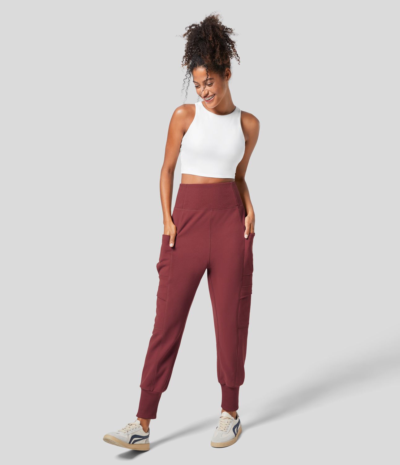 Jogging en Coton Doux Thermique Taille Haute Repliable Poches Latérales Style Harem Cargo