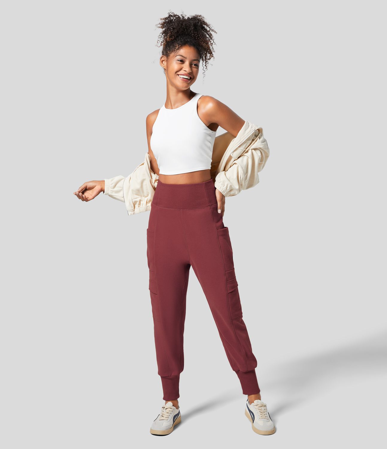 Jogging en Coton Doux Thermique Taille Haute Repliable Poches Latérales Style Harem Cargo