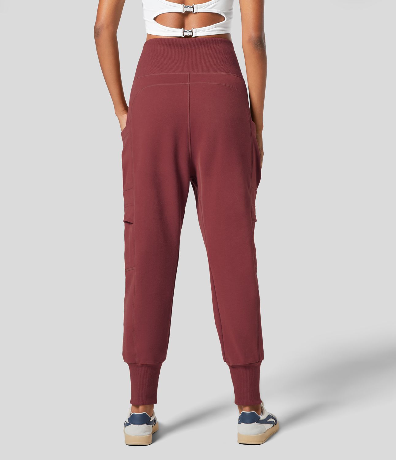 Jogging en Coton Doux Thermique Taille Haute Repliable Poches Latérales Style Harem Cargo